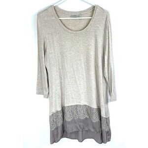 LOGO by Lori Goldstein Top Tunic Size Large Knit Lace and Satin Hem Beige